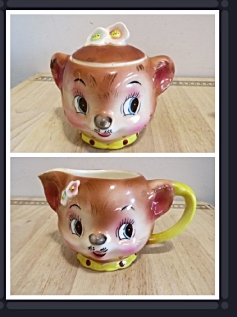 VINTAGE ENESCO LIL BEAR ANTHROPOMORPHIC Cream & Sugar WITH LID 1950S JAPAN